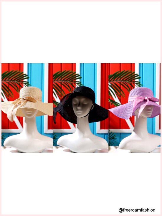 Set of 6 Floppy Sun Hats with 6 Heart Sunglasses, Wide Brim Straw with Bow, main image 4